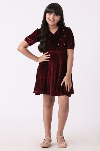 Burgundy Solid Flared Dress, Burgundy, image 1